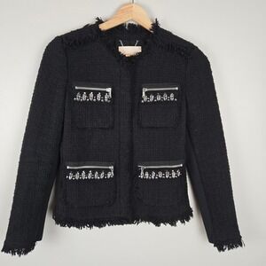 Rebecca Taylor Blazer Size 0 Black Tweed Fringed‎ Embellished Pocket Full Zip